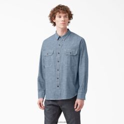 vestuário de trabalho Dickies 1922 camisa de trabalho de manga comprida chambray azul lavado (rblc) homens V2FZ46917