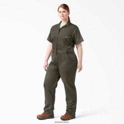 vestuário de trabalho Dickies além de macacão de manga curta de refrigeração flexível verde musgo (ms) mulheres V2FZ461553