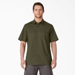 vestuário de trabalho Dickies camisa de trabalho ripstop de manga curta verde militar lavado (rml) homens V2FZ46646