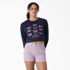 vestuário Dickies camiseta cropped manga longa estampa borboleta tinta azul marinho (ik) mulheres V2FZ462126