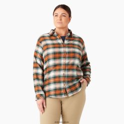 vestuário Dickies mais camisa de flanela xadrez de manga longa xadrez ombre floresta/cobre (c1t) mulheres V2FZ462209